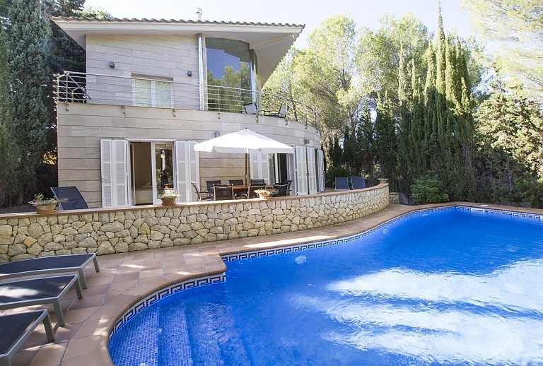 Poolbereich vor dem Ferienhaus mit Sonnenliegen