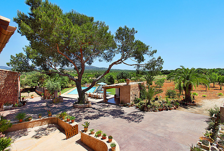 Finca mit Pool Sonnenliegen und Bäumen im Garten