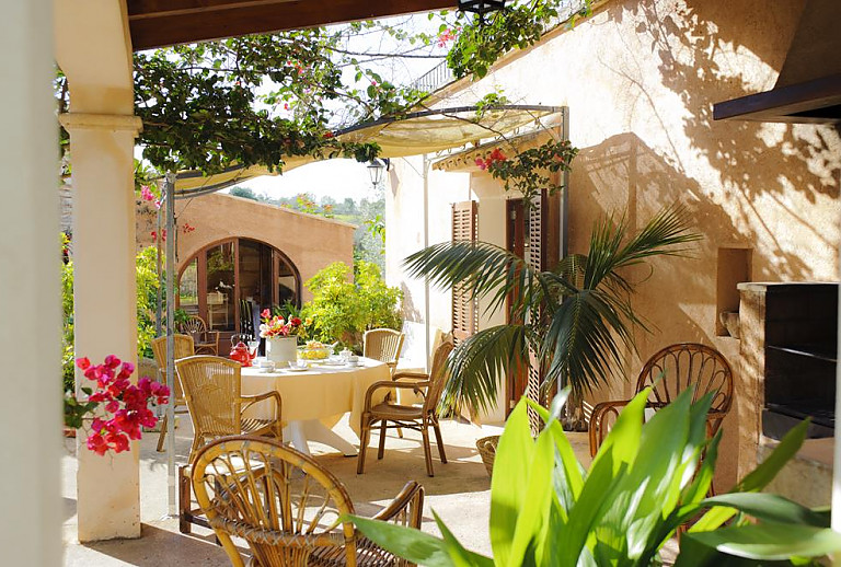 Terrasse mit Esstisch und Pflanzen