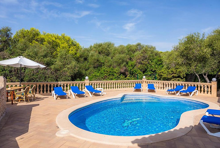 Blick ins Grüne vom Pool mit Sonnenliegen vor dem Ferienhaus