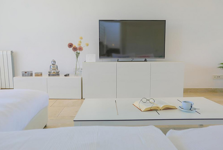 Wohnzimmer mit Couch und Fernseher