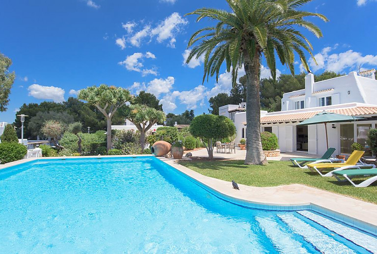 Palme und Pool mit Sonnenliegen vor dem Ferienhaus