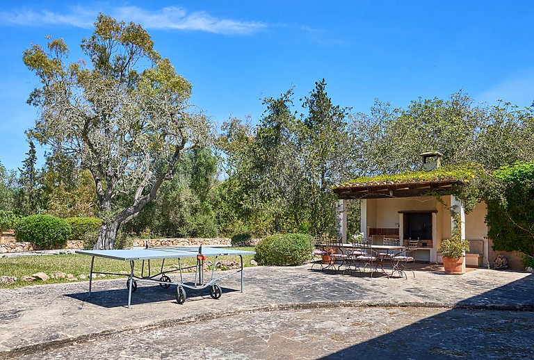 Tischtennisplatte vor der Terrasse mit Grill und Esstisch